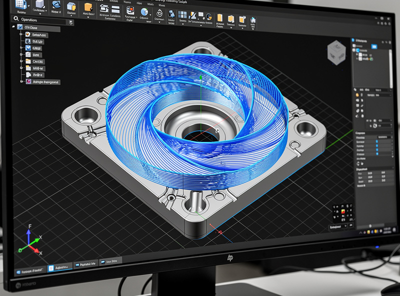Adaptive clearing toolpath visualization showing constant chip load wrapping around 3D part
