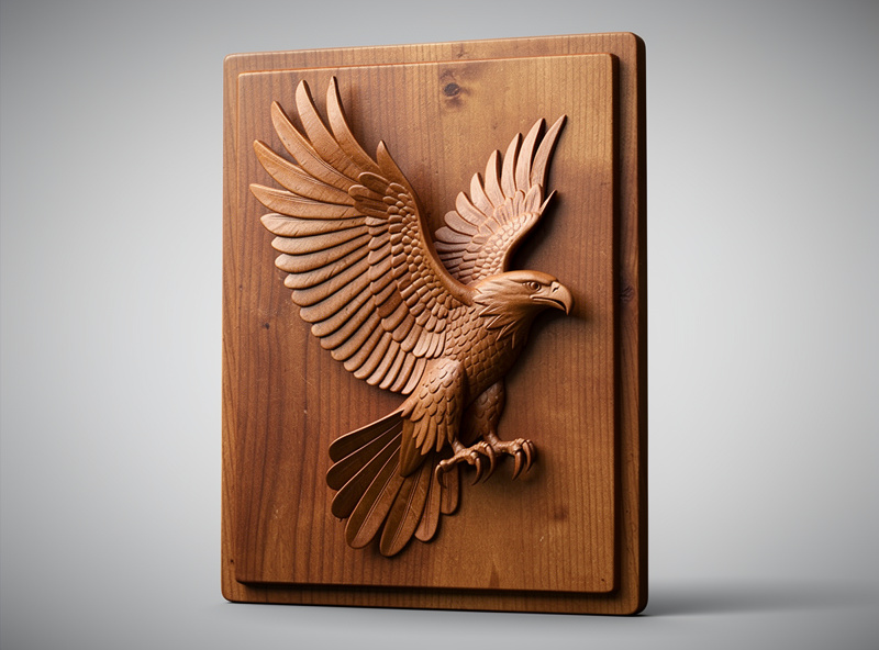 Finished 3D-carved wooden eagle relief on plaque with smooth surface from finish toolpath