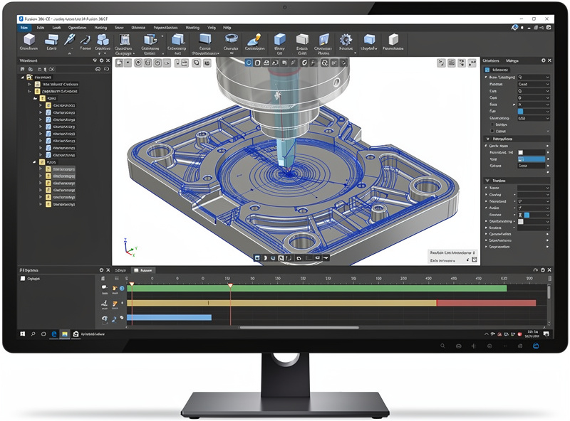 Fusion 360 CAM workspace showing toolpath simulation on a CNC milling part with blue toolpaths