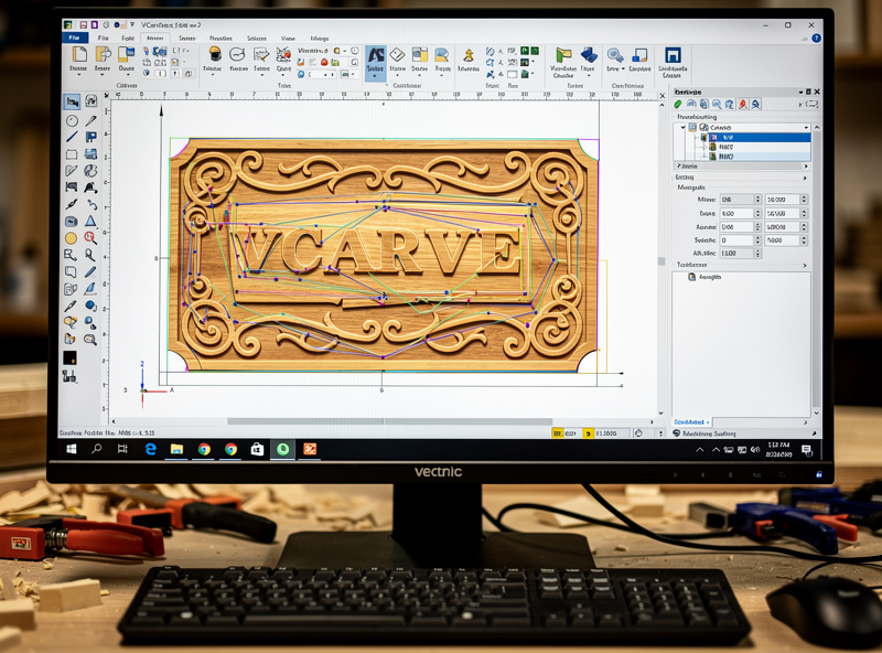 Vectric VCarve software interface showing v-carve sign design with toolpath preview