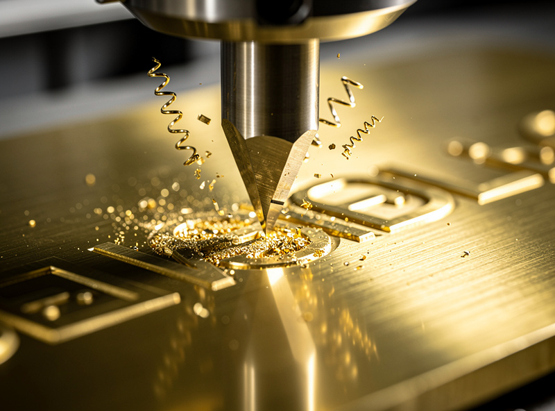 Hobby CNC machine engraving custom text into a brass plate with visible bright golden chips and clean cut detail