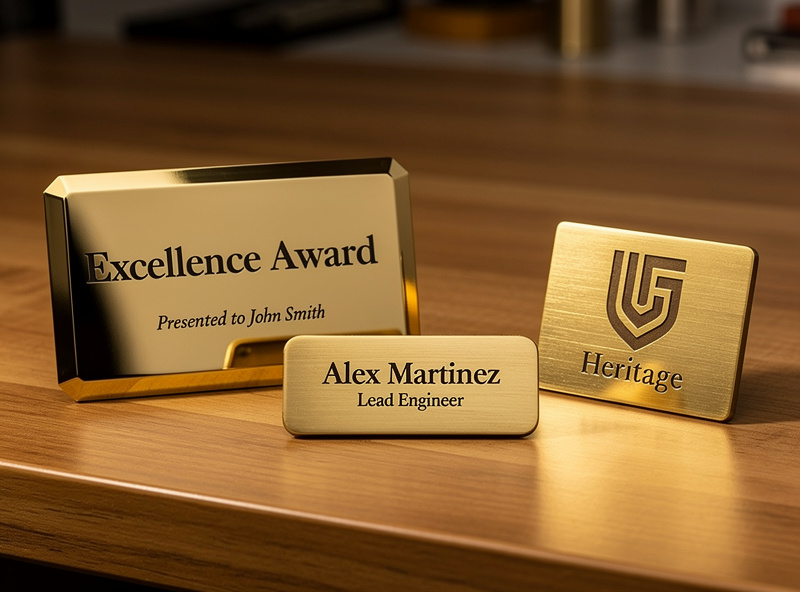 Three finished brass CNC engraving products on a wooden display: a trophy plate, a name badge, and a custom plaque showing different finishing techniques