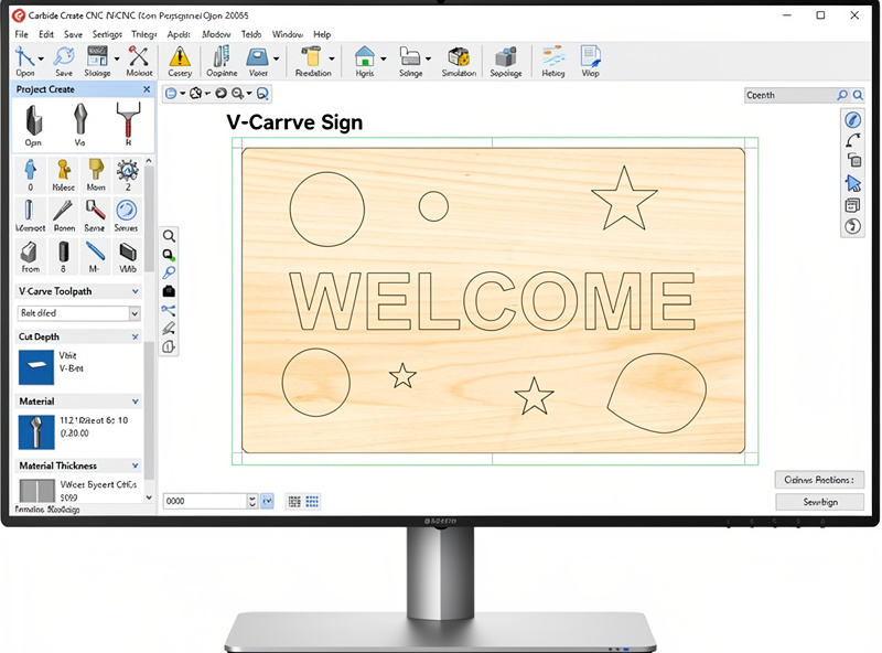 Carbide Create showing simple V-carve sign toolpath setup with text and basic shapes