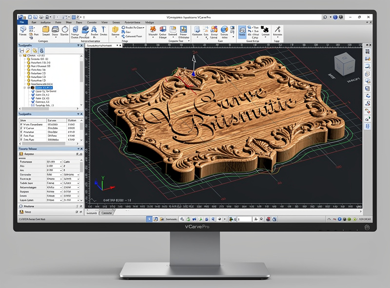 VCarve Pro displaying complex prismatic carving with 3D preview of decorative wood plaque