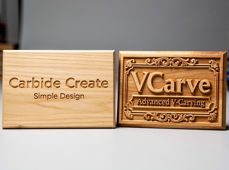 Two finished wood signs side by side comparing Carbide Create simple design and VCarve advanced V-carving