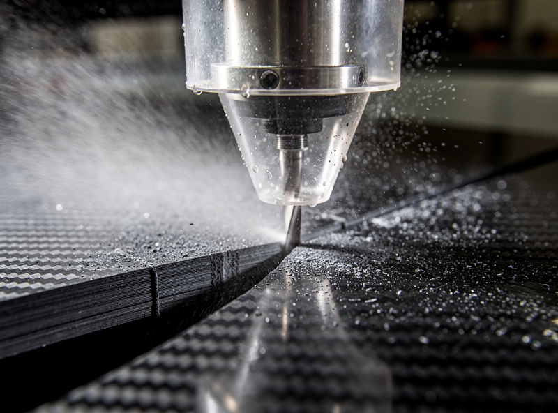 CNC machine cutting a carbon fiber composite sheet with visible fine dust collection and dust shoe in operation containing the abrasive particles