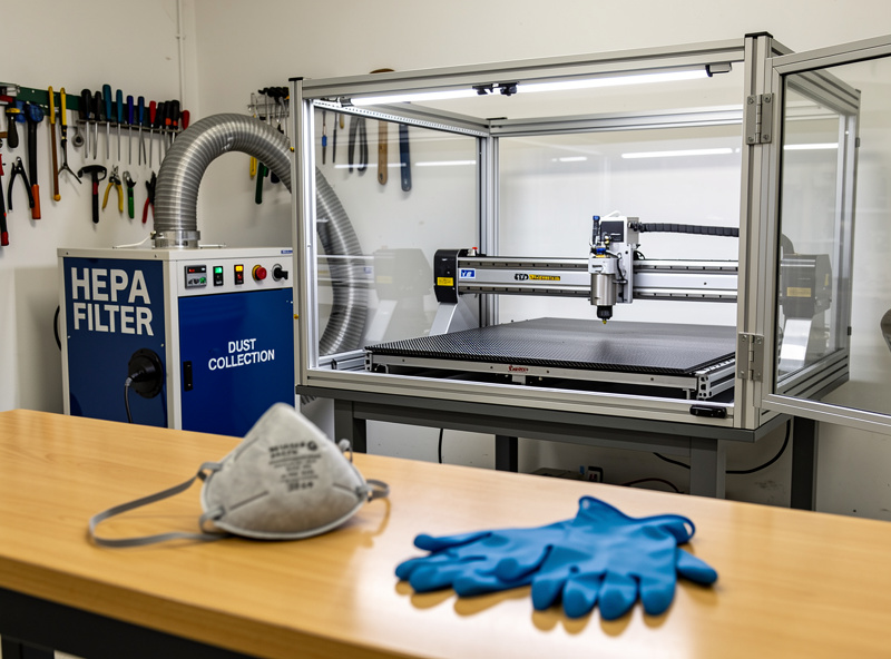 Workspace setup for safe carbon fiber CNC cutting showing HEPA filter dust collection, enclosed CNC frame, respirator and nitrile gloves on a workbench