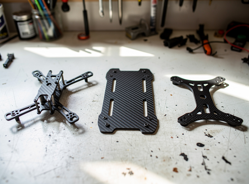 Three finished CNC cut carbon fiber composite parts on a wooden display: a quadcopter frame, a robot chassis plate, and an RC car chassis showing the carbon fiber weave pattern