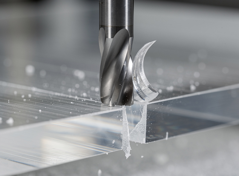 CNC machine cutting cast acrylic sheet with visible clean comma curl chips and a polished cut edge on the freshly machined part