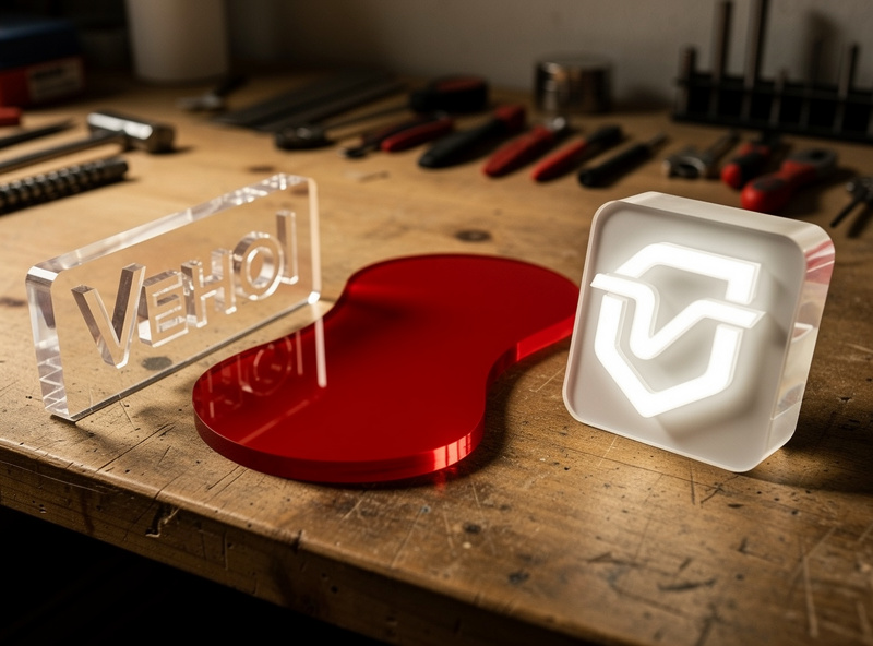 Three finished CNC cut acrylic display pieces on a workbench: a clear sign, an opaque colored panel, and a backlit logo all showing clean polished edges