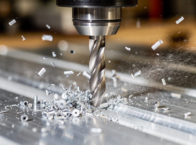 Hobby CNC machine cutting a 6061 aluminum plate with visible silver chips and mist coolant spray directed at the cut zone