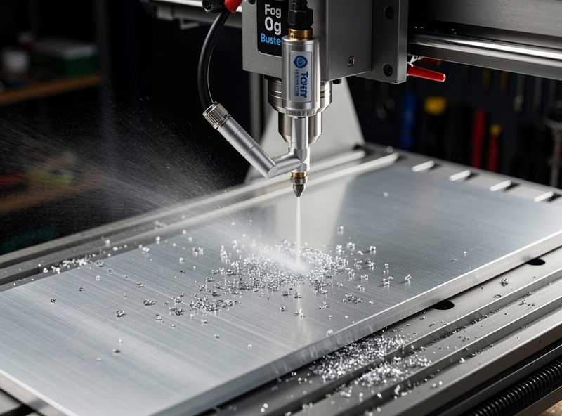 Fog Buster mist coolant system mounted on a hobby CNC machine with visible mist nozzle directed at the cutting zone for aluminum machining