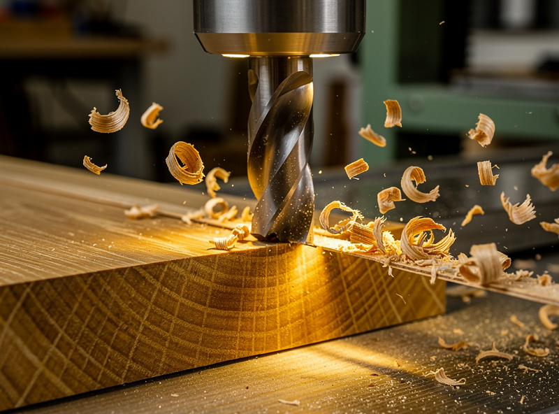 CNC machine cutting an oak workpiece with visible clean comma shaped chips and a freshly cut V-carved letter design