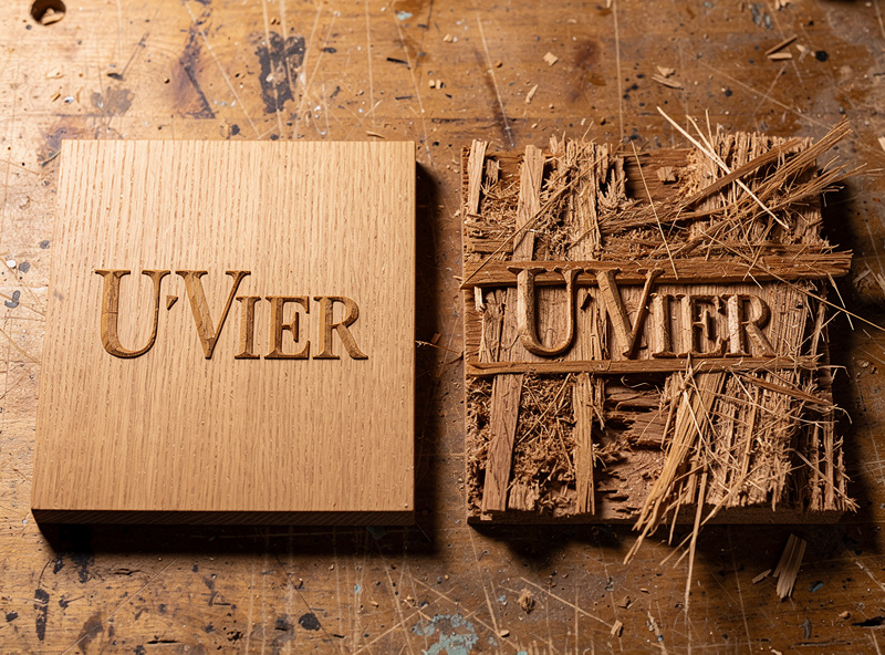 Two oak signs side by side showing clean V-carved lettering with no tearout on the left and rough fibers from cross grain cutting on the right