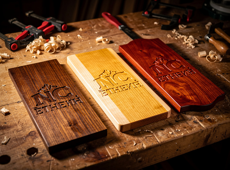 Three finished hardwood CNC signs on a workbench in walnut maple and cherry showing the variety of grain colors and finish results