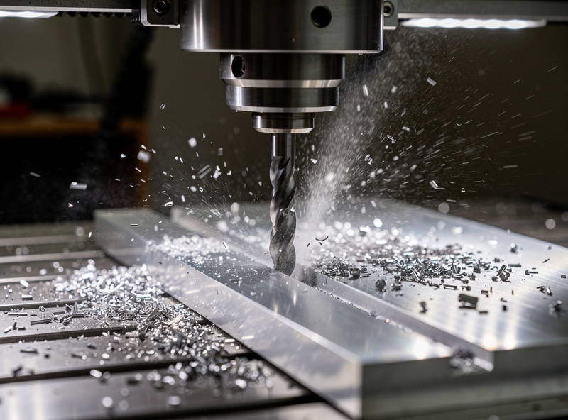 Hobby CNC machine cutting aluminum with visible chips and lubricant mist showing proper feeds and speeds for soft metal machining