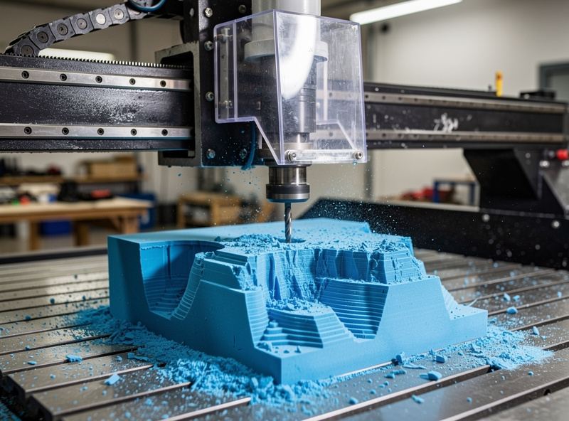 CNC machine carving a 3D model from blue polyurethane carving foam with visible foam dust collection in progress