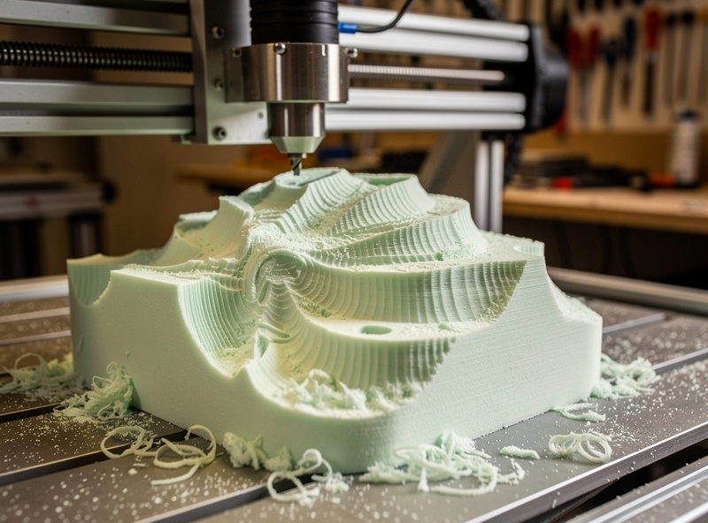 Hobby CNC machine 3D carving a complex shape from a large block of polyurethane foam with visible roughing toolpath progress