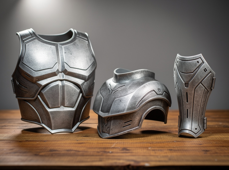 Three finished CNC carved foam cosplay armor pieces on a workbench display showing breastplate shoulder armor and arm guard with primer and paint finish