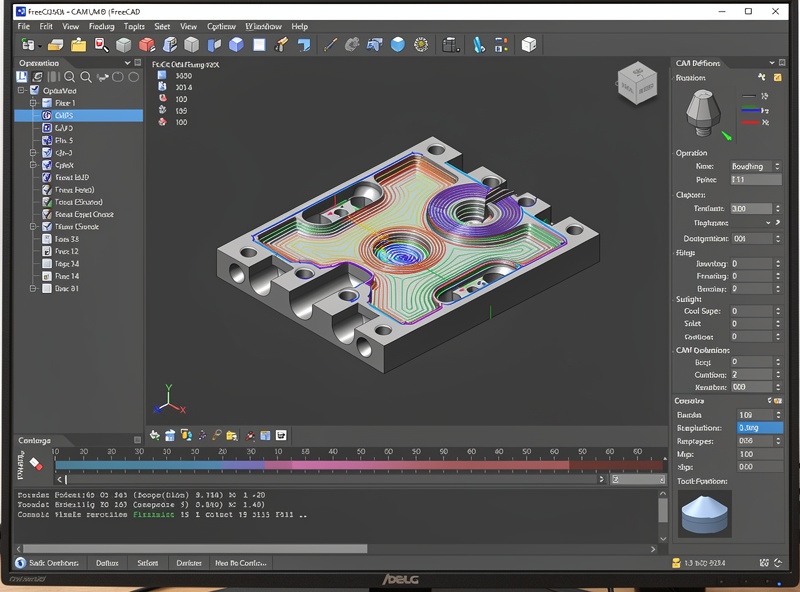 FreeCAD CAM workspace showing toolpath generation on a 3D part