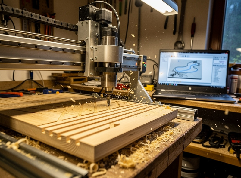 Hobby CNC running Estlcam-generated G-code on wood project with shavings flying
