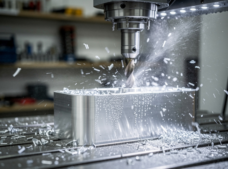 Desktop CNC running Fusion 360 generated G-code on aluminum with chips flying
