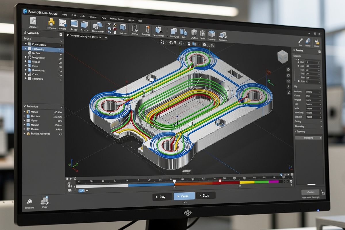 Fusion 360 CAM workspace showing 3D adaptive clearing toolpath on a metal bracket