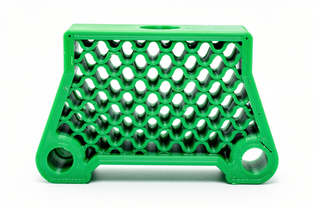 Cross section of a 3D-printed bracket showing internal gyroid lattice infill