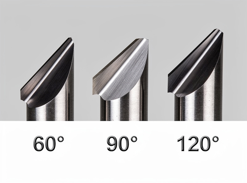 V-bit close-up showing angled cutting profile with 60, 90, and 120 degree comparisons