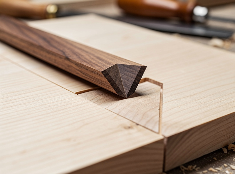 Wood inlay project showing female V-shaped pocket and matching male V-piece being assembled