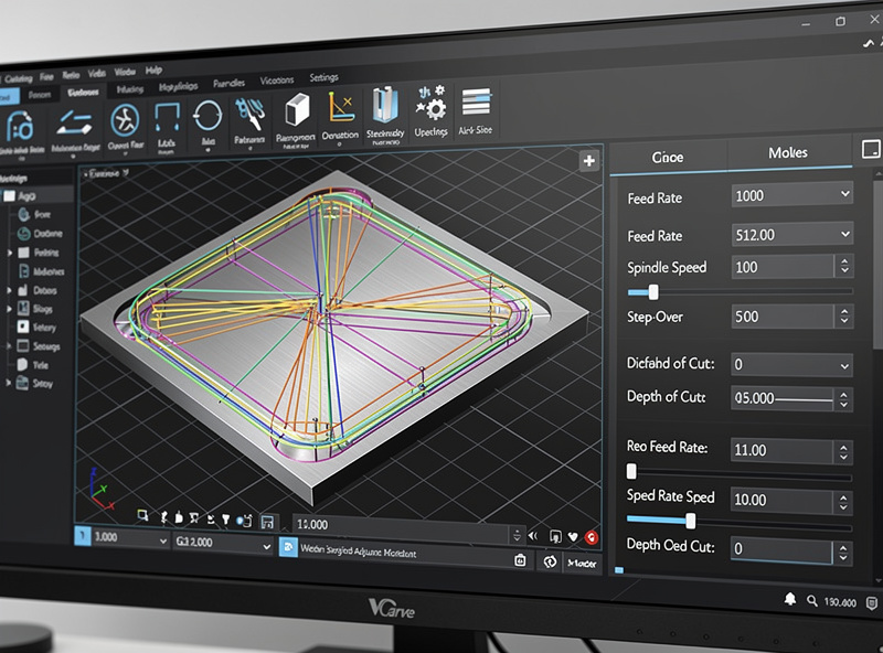 Close-up of VCarve toolpath simulation panel showing detailed feed rate adjustments