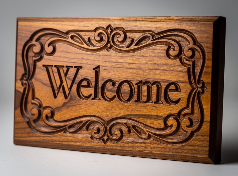 Finished V-carved wooden welcome sign with intricate lettering and decorative border
