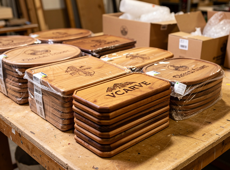 Production batch of wooden plaques and signs created with VCarve stacked ready for shipping