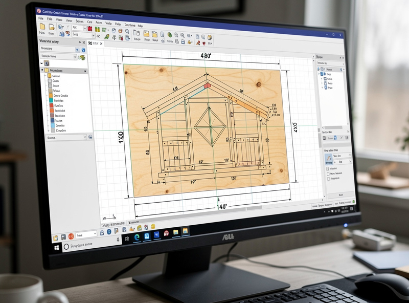 CAD/CAM software showing chicken coop panel layout nested on a 4x8 plywood sheet
