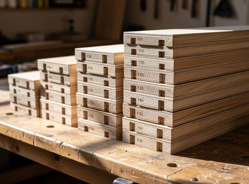 Stack of CNC-cut plywood chicken coop wall and roof panels with mortise tab joints