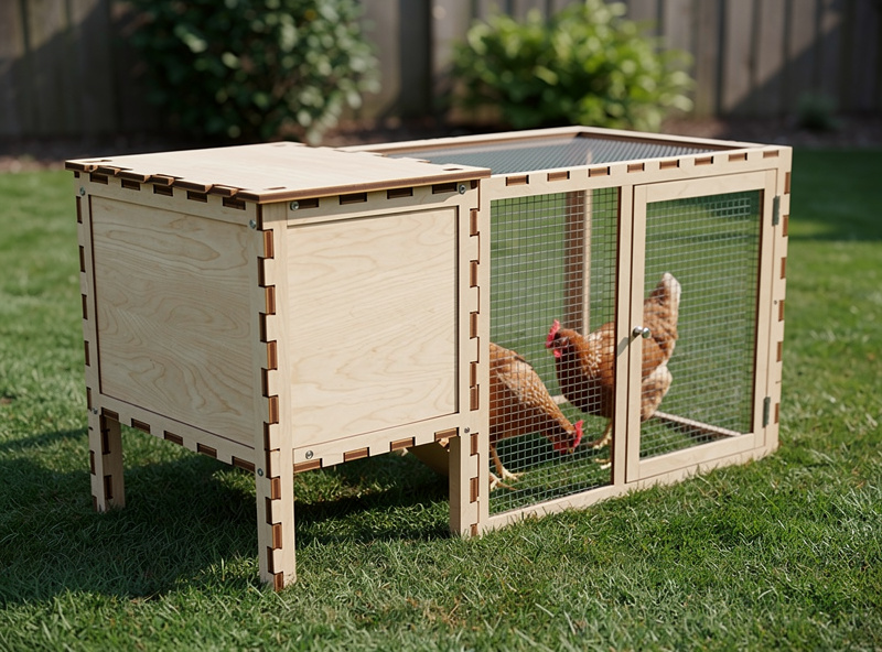 Finished assembled wooden chicken coop in a backyard with CNC tab-and-slot joinery visible
