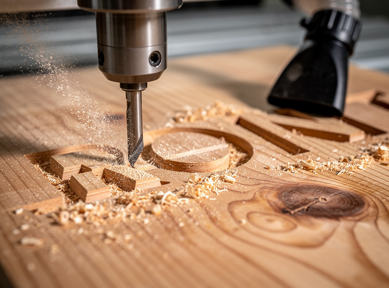 Close up macro of v-bit cutting bevel edge letters into cedar plank with fine wood dust around the cut and dust collection nozzle nearby