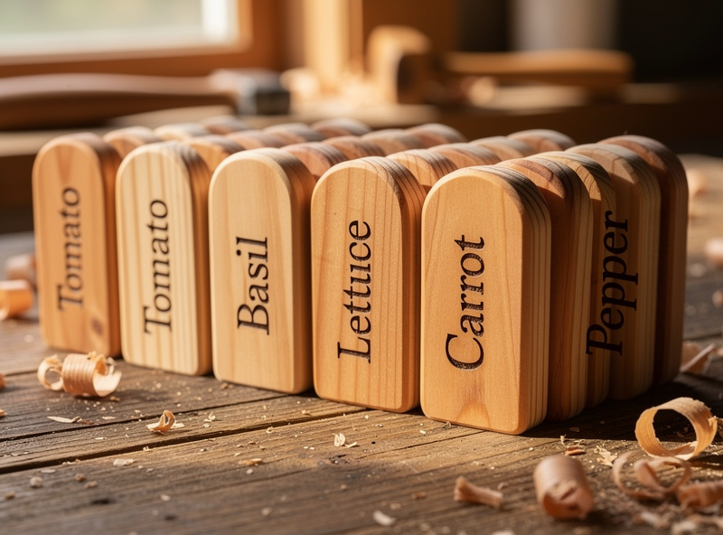 Row of finished cedar garden marker stakes lined up on workbench engraved with vegetable names tomato basil lettuce carrot pepper