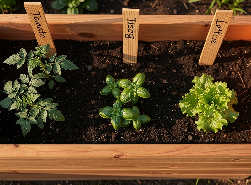 Top-down view of wooden raised garden bed with cedar markers planted next to seedlings showing labels tomato basil lettuce in growing positions