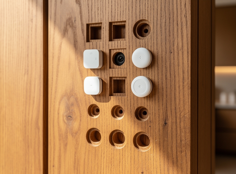 Floor-to-ceiling oak wall panel with a small grid of sensor cavities milled into its surface, partially populated with discrete motion and temperature sensors, beside a comfortable living room sofa