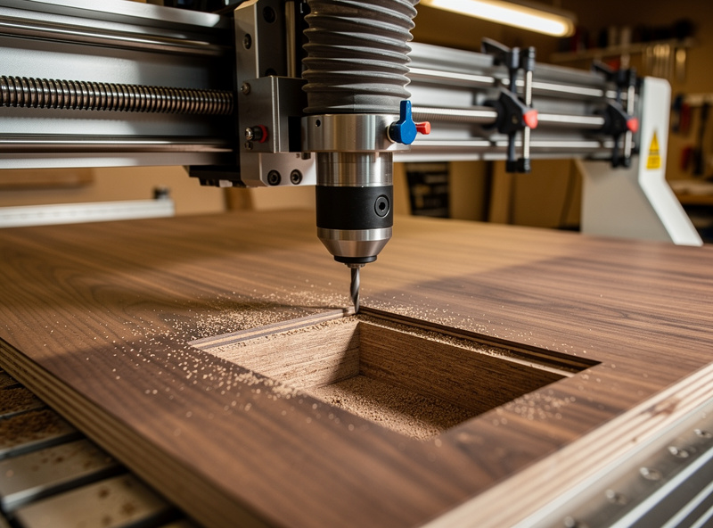 Desktop CNC machine cutting a pocket cavity into a walnut-veneered baltic birch panel, the spindle rotating at the corner of a precise rectangular pocket, dust collection tube visible