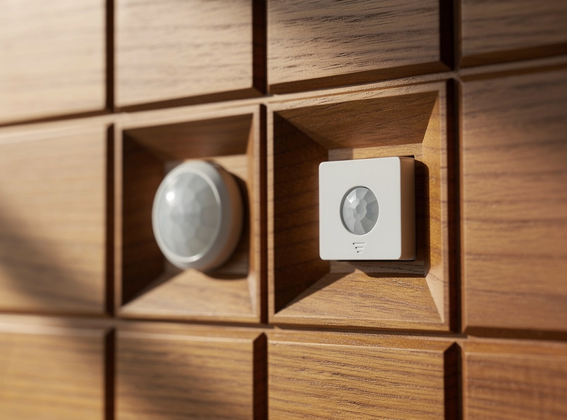 Close-up of an oak wall panel with multiple sensor cavities, two small motion sensors and a temperature sensor recessed into the panel surface flush with the wood, soft afternoon light