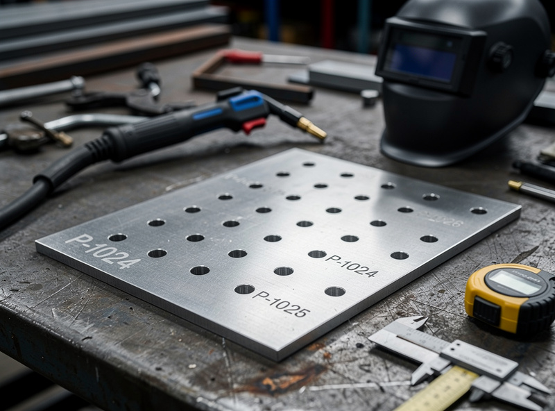 Steel plate with CNC drilled holes and engraved part numbers ready for welding assembly