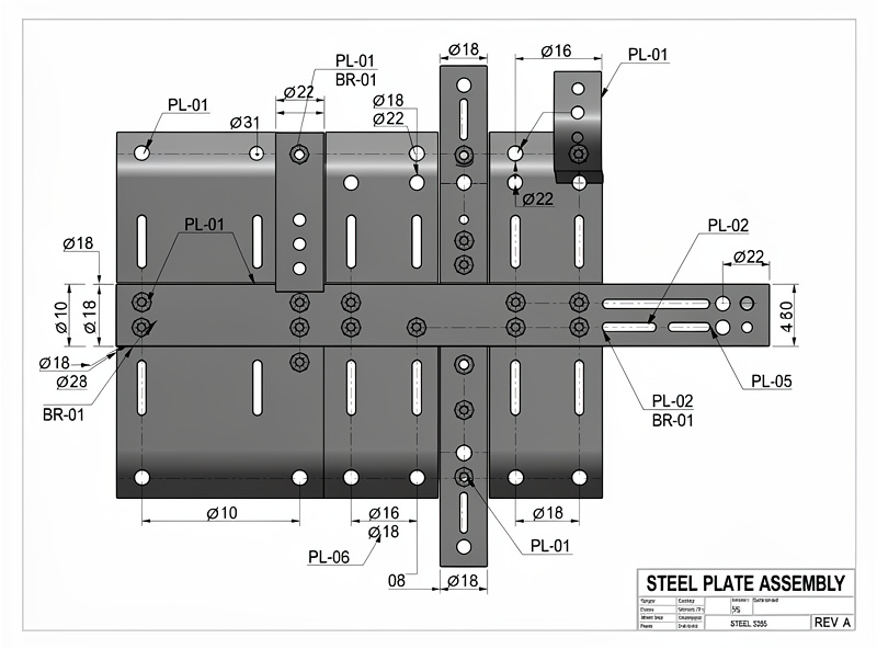 Fusion 360 CAD model of steel plate assembly with hole callouts and part labels