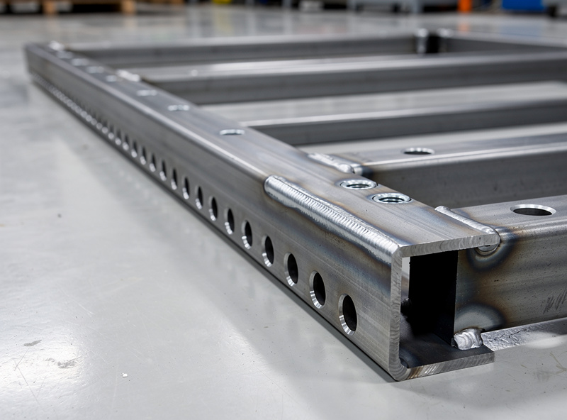 Welded steel table frame assembly with precisely aligned bolt holes from CNC drilling