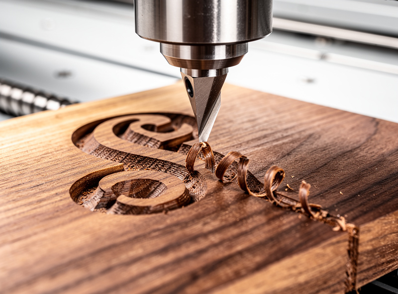 Close-up of a CNC router V-bit deep-carving cursive house number lettering into walnut