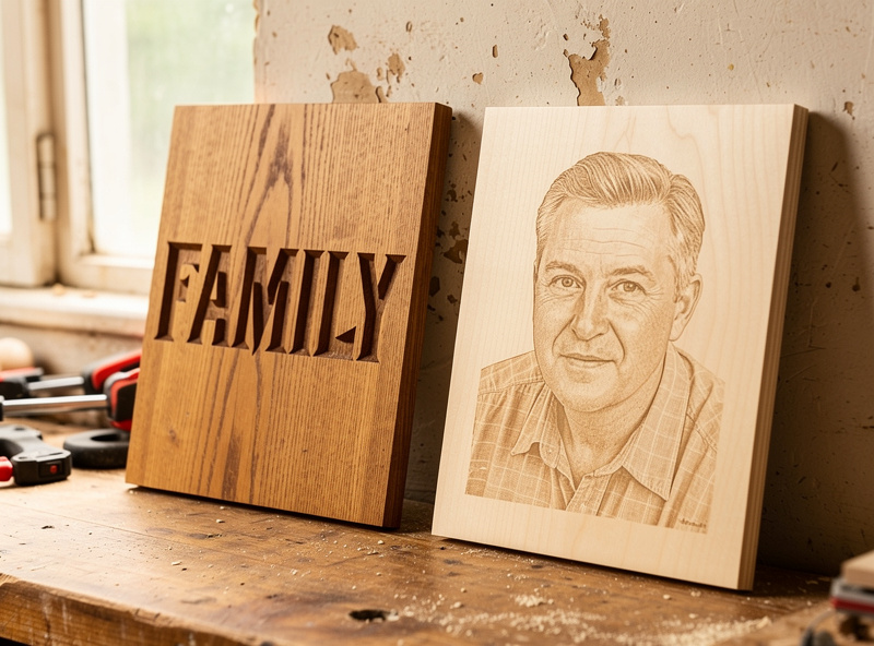 Two finished wooden signs side by side: V-carved oak family-name sign and laser-engraved baltic birch portrait sign