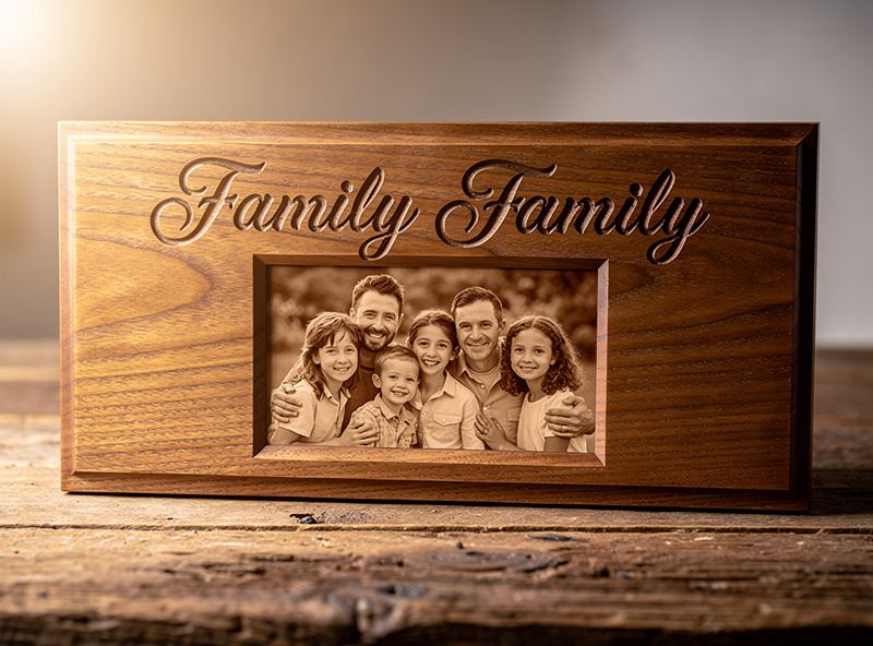 Hybrid wooden sign combining CNC V-carved border with laser-engraved photographic centre detail