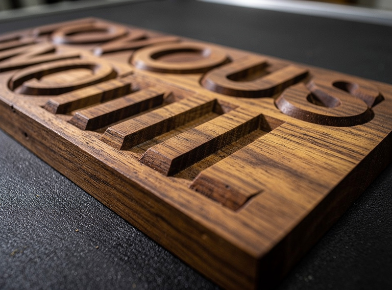Macro close-up of CNC V-carved walnut sign with crisp deep three-dimensional lettering