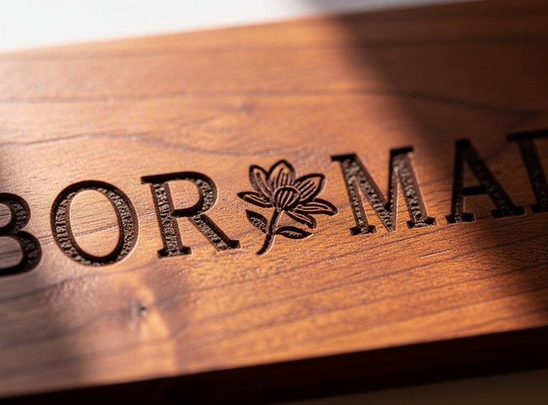 Macro close-up of laser engraved cherry wood sign with fine detailed dark text and floral graphic